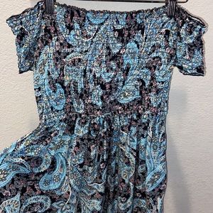 Xhilaration Baby Blue Paisley Off Shoulder Smocked Bodice Midi Pockets Dress S